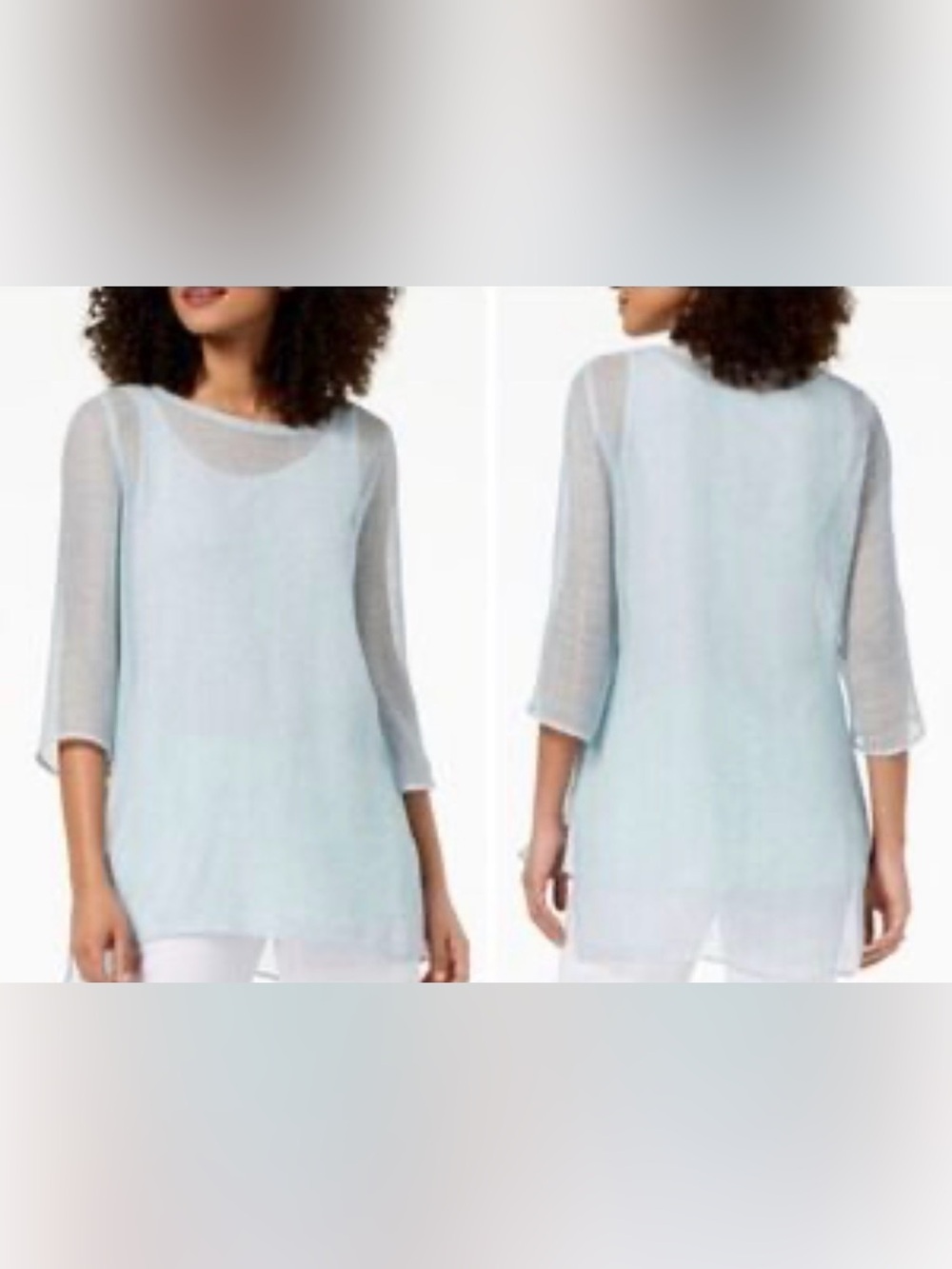 Eileen Fisher Light Blue Sheer Mesh Tunic Top Lightweight 3/4 Sleeve Size XS